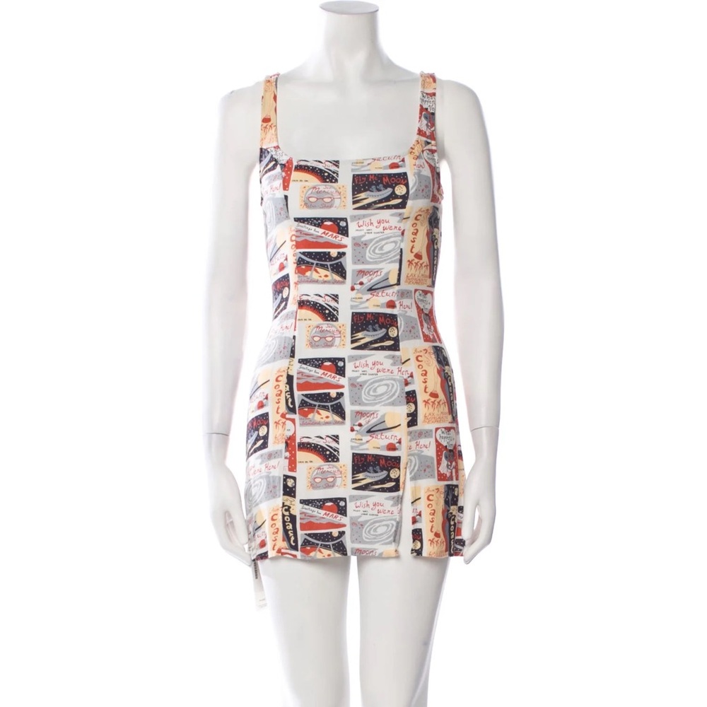 Reformation space themed mini dress with bottom slit detail
